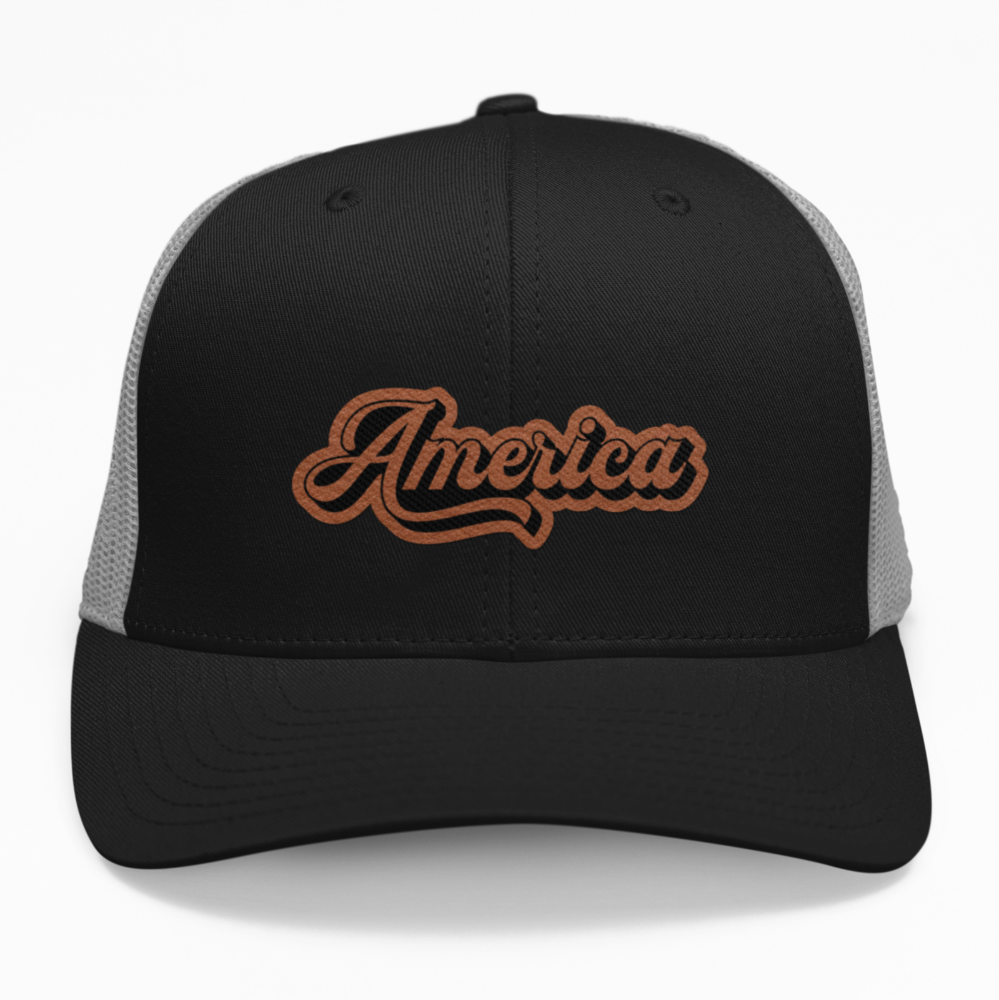 Preview of the 'Retro America' leatherette patch on a custom hat, showcasing how the vintage design looks on an adjustable snapback.