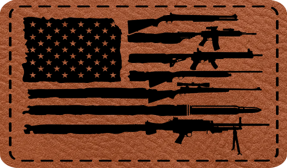 Close-up of the "USA Flag Guns" leatherette patch featuring an American flag with gun stripes.