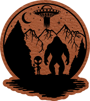Close-up of the 'Bigfoot & Alien' leatherette patch, featuring playful designs of Bigfoot and an alien for cryptid and UFO lovers.