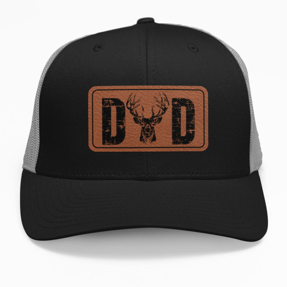 Preview of the "Dad Buck" leatherette patch on a custom hat, showing the unique buck design.