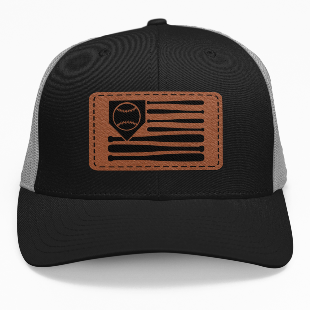 Preview of the "US Flag Baseball Bats" leatherette patch on a custom hat.