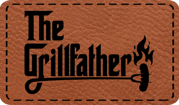 Close-up of the "Grill Father Hot Dog" leatherette patch featuring bold text and a hot dog graphic.