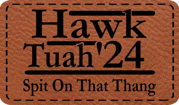 Close-up of the "Hawk Tuah '24" leatherette patch with viral slogan design.