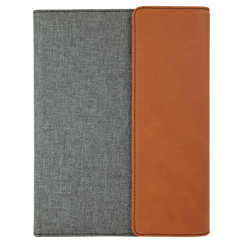 Cover Close-Up: "Personalized Heather Gray Canvas & Rawhide Leatherette Portfolio with custom engraving."