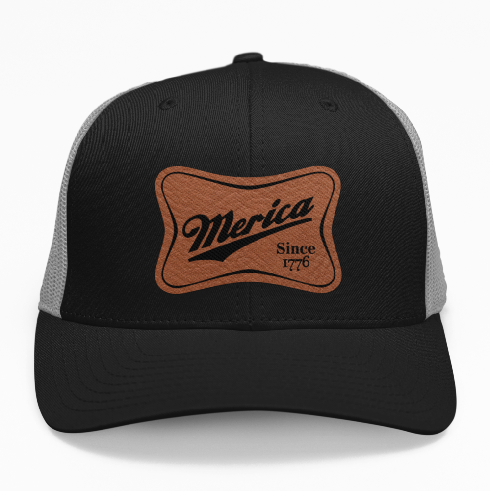 Preview of the 'Merica Since 1776' leatherette patch applied to a custom hat, showing how the iconic design looks on an adjustable snapback.