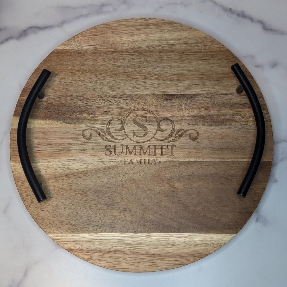 Engraved Round Family top Name Acacia Walnut Wood Serving Tray