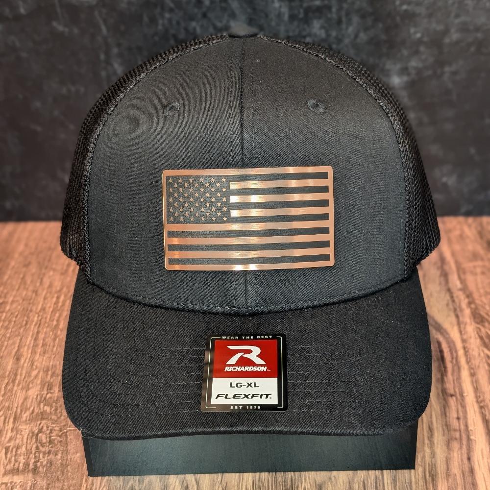 Close up of the Flag patch in premium copper on the hat.