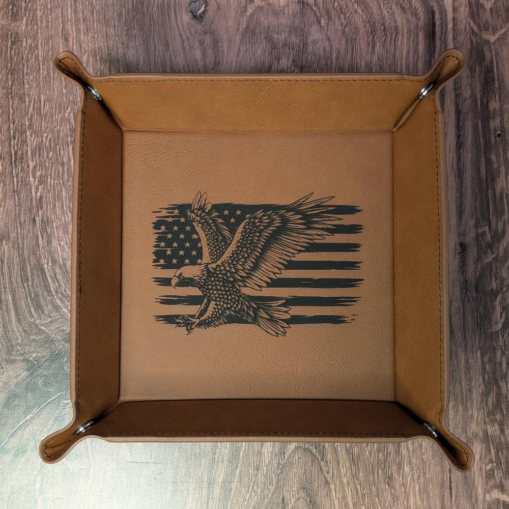 Close up of the Eagle and American flag on the valet tray.