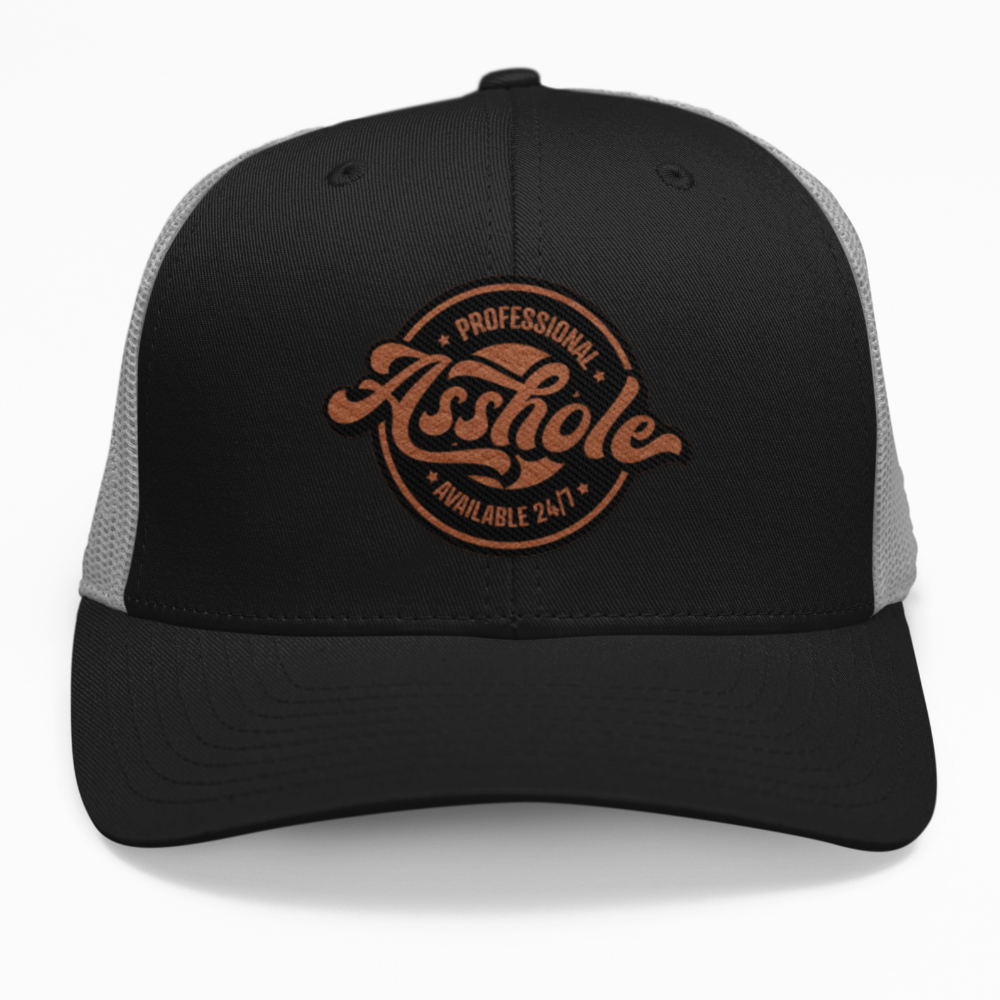 Preview of the "Professional A*Hole" leatherette patch on a custom hat.