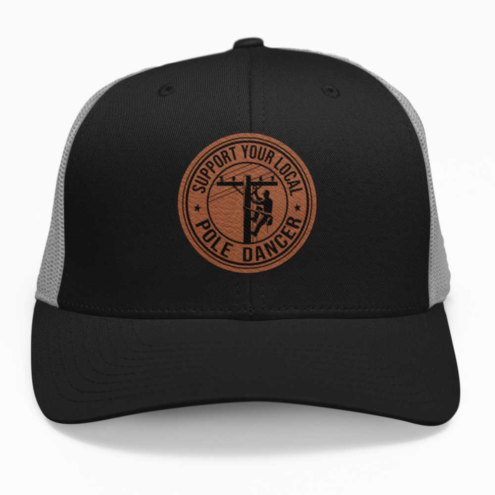 Preview of the "Support Local Pole Dancer" leatherette patch on a custom hat.