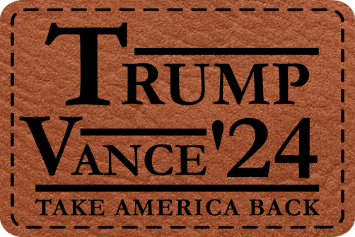 Close-up of the "Take America Back Trump-Vance 2024" leatherette patch featuring bold political text.