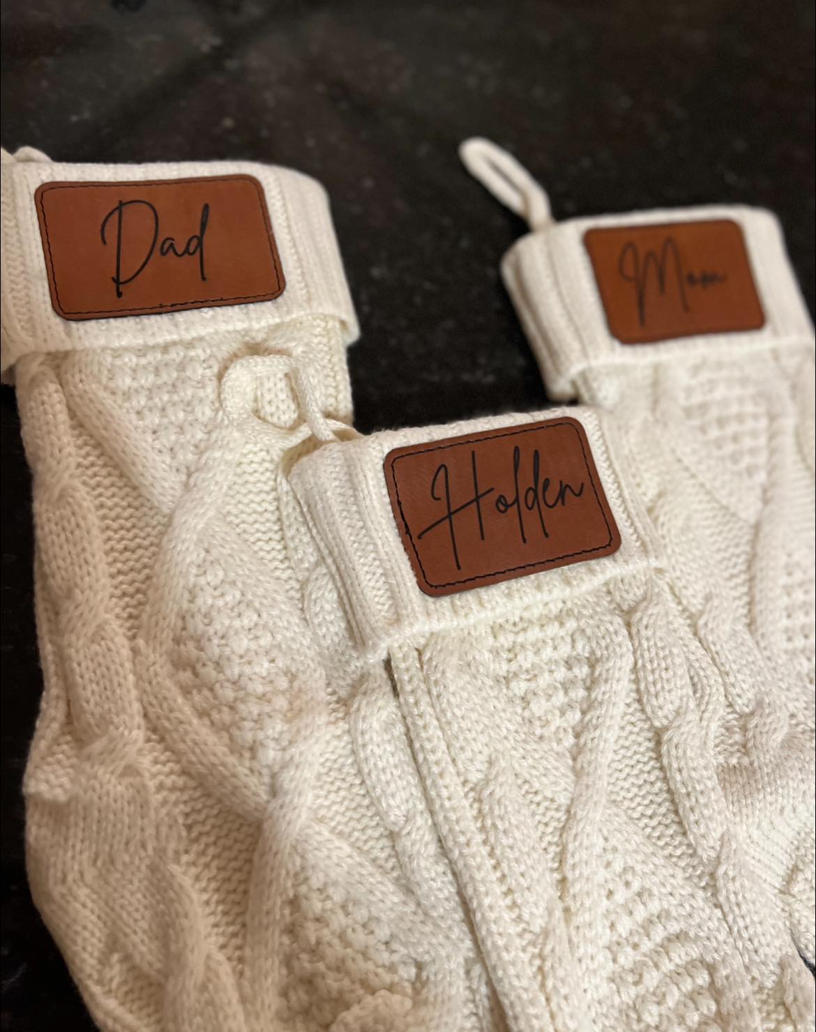 Personalized Knit Christmas Stockings with Engraved Name Patch