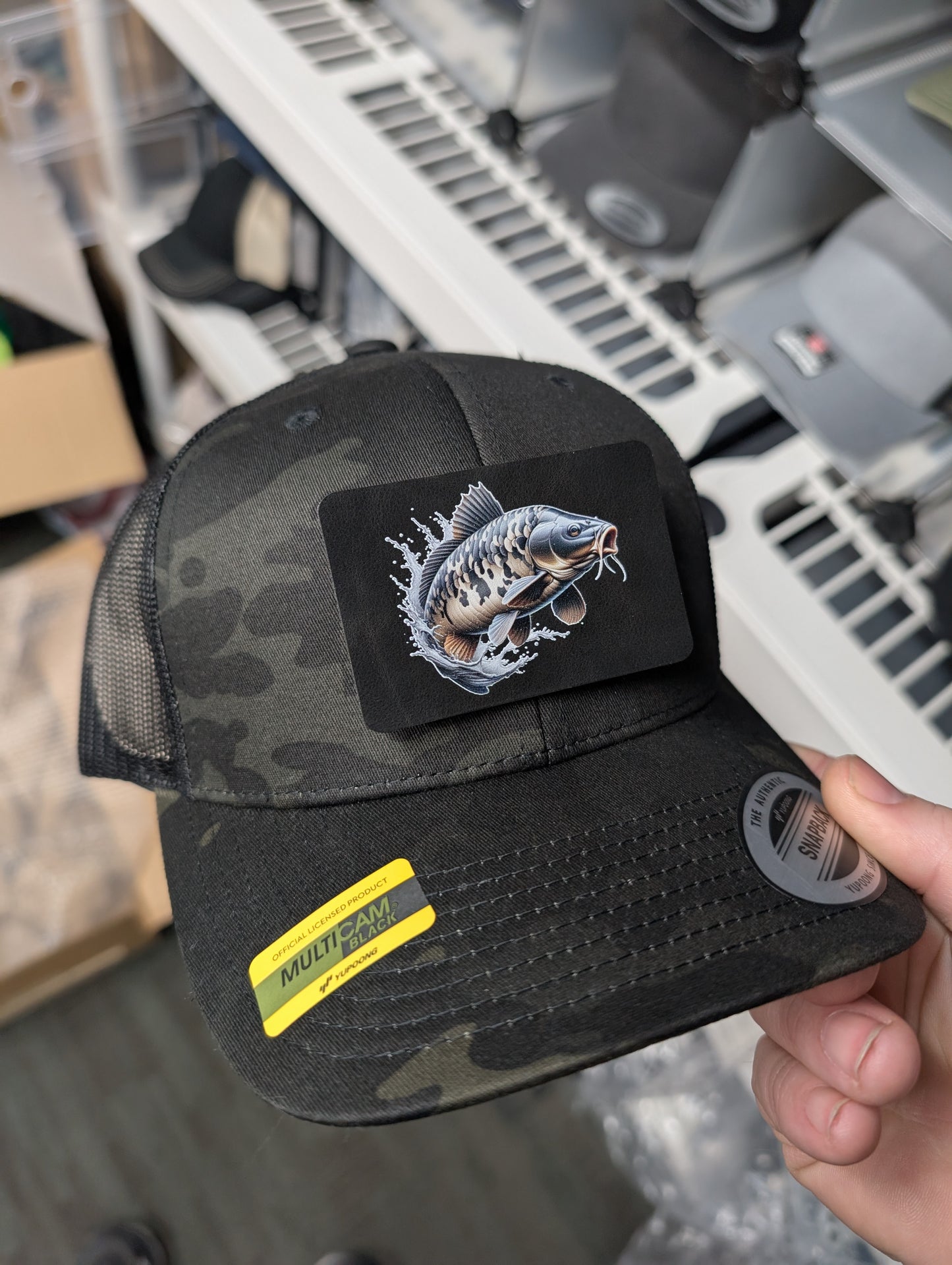 Full-Color Carp Fish Patch Hat - Black Multi-Cam Custom Fishing Hat