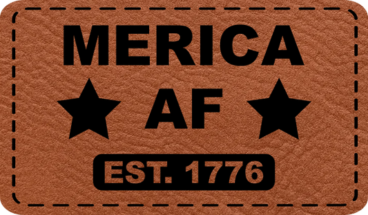 Close-up of the 'Merica AF' leatherette patch with bold, patriotic lettering, perfect for custom hats.