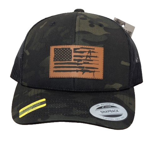 American Flag with Guns Multicam Black Hat - Patriotic Leatherette Snapback