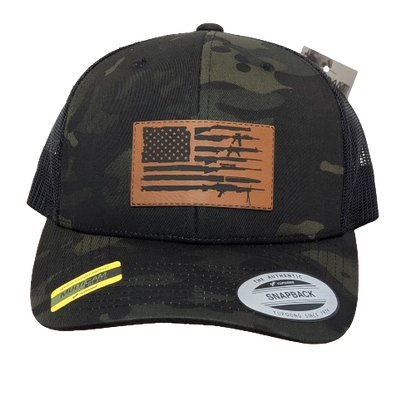 American Flag with Guns Multicam Black Hat - Patriotic Leatherette Snapback