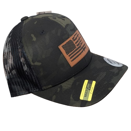 American Flag with Guns Multicam Black Hat - Patriotic Leatherette Snapback