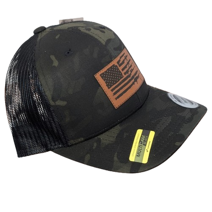 American Flag with Guns Multicam Black Hat - Patriotic Leatherette Snapback