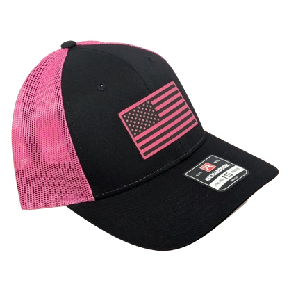 American Flag Pink Leatherette Hat - Low Profile Trucker Snapback