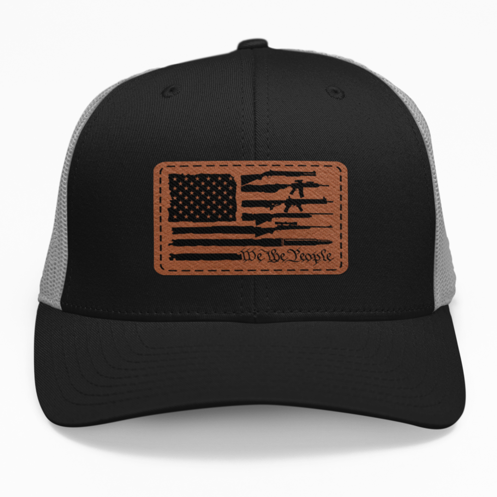 Preview of the "USA Flag Guns WTP" leatherette patch on a custom hat.