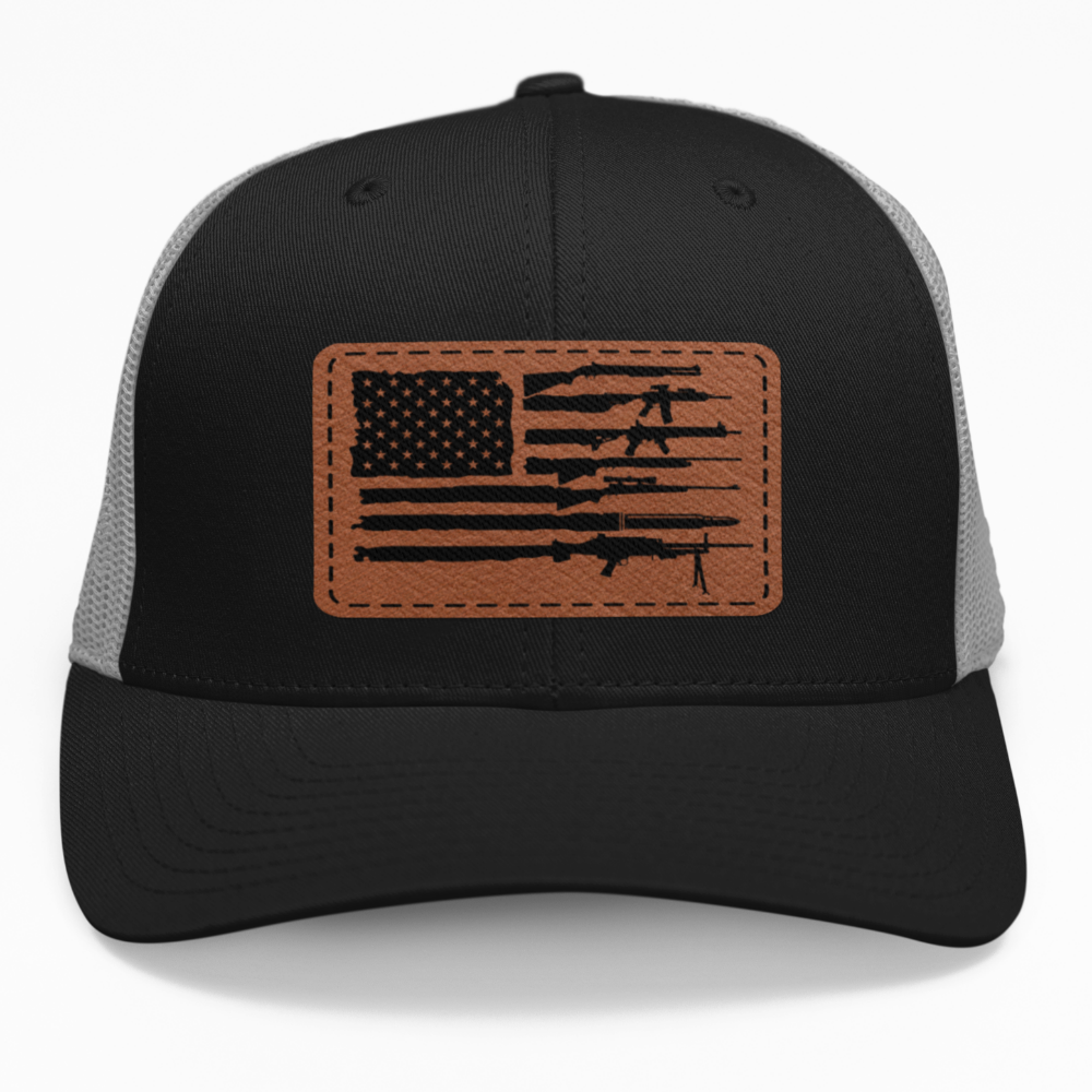 Preview of the "USA Flag Guns" leatherette patch on a custom hat.