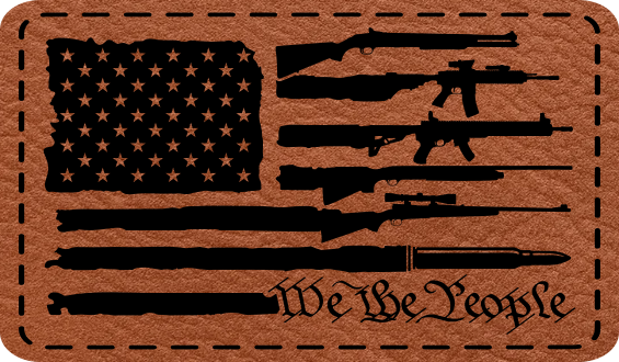 Close-up of the "USA Flag Guns WTP" leatherette patch featuring an American flag with gun stripes and "We The People" on the final stripe.