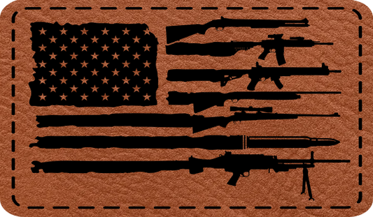 Close-up of the "USA Flag Guns" leatherette patch featuring an American flag with gun stripes.