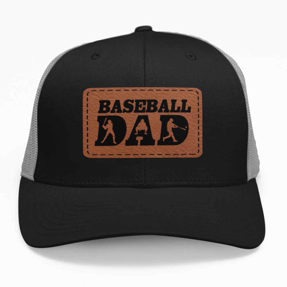 Preview of the 'Baseball Dad - Players' leatherette patch on a custom hat, showing how the baseball design looks on an adjustable snapback.