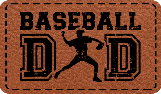 Close-up of the 'Baseball Dad - Pitcher' leatherette patch featuring a baseball pitcher design, perfect for proud baseball dads.