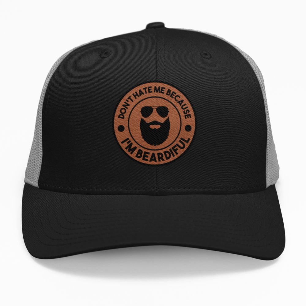 Preview of the "Don’t Hate Me Because I’m Beardiful" leatherette patch on a custom hat.