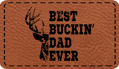 Close-up of the 'Best Buckin' Dad' leatherette patch featuring a buck design, perfect for dads who love hunting.