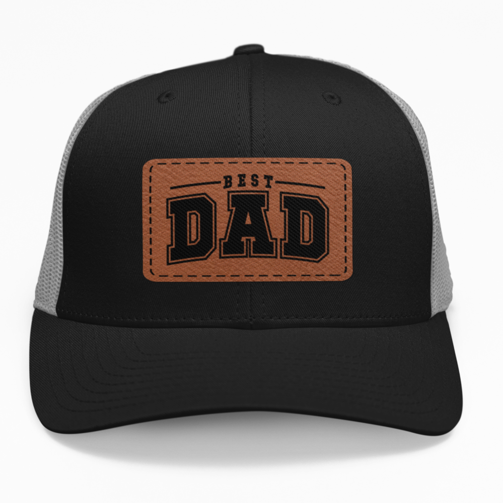 Preview of the 'Best Dad' leatherette patch on a custom hat, showing the sleek design on an adjustable snapback.