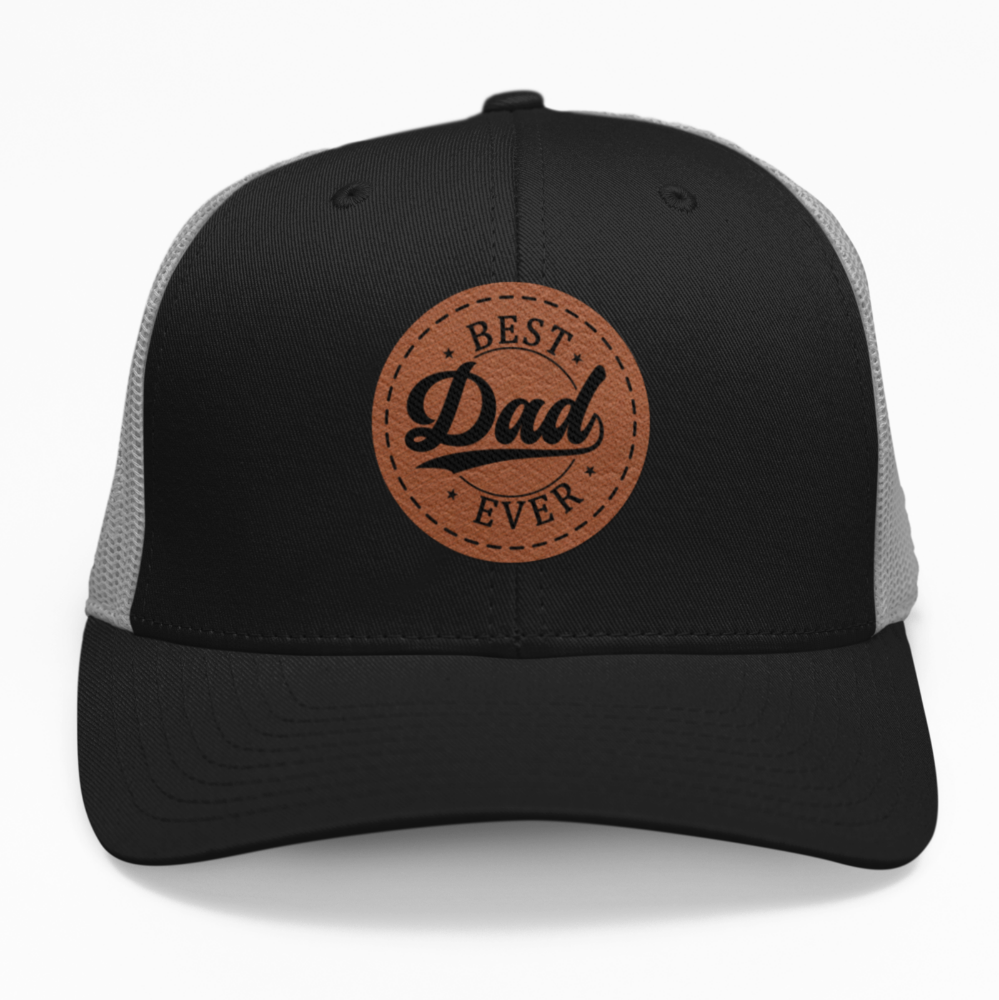 Preview of the 'Best Dad Ever' leatherette patch on a custom hat, showing the sleek design on an adjustable snapback.