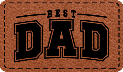 Close-up of the 'Best Dad' leatherette patch featuring bold lettering, perfect for celebrating dads.