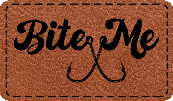 Close-up of the 'Bite Me' leatherette patch with two fish hooks, perfect for fishing enthusiasts who love humor.