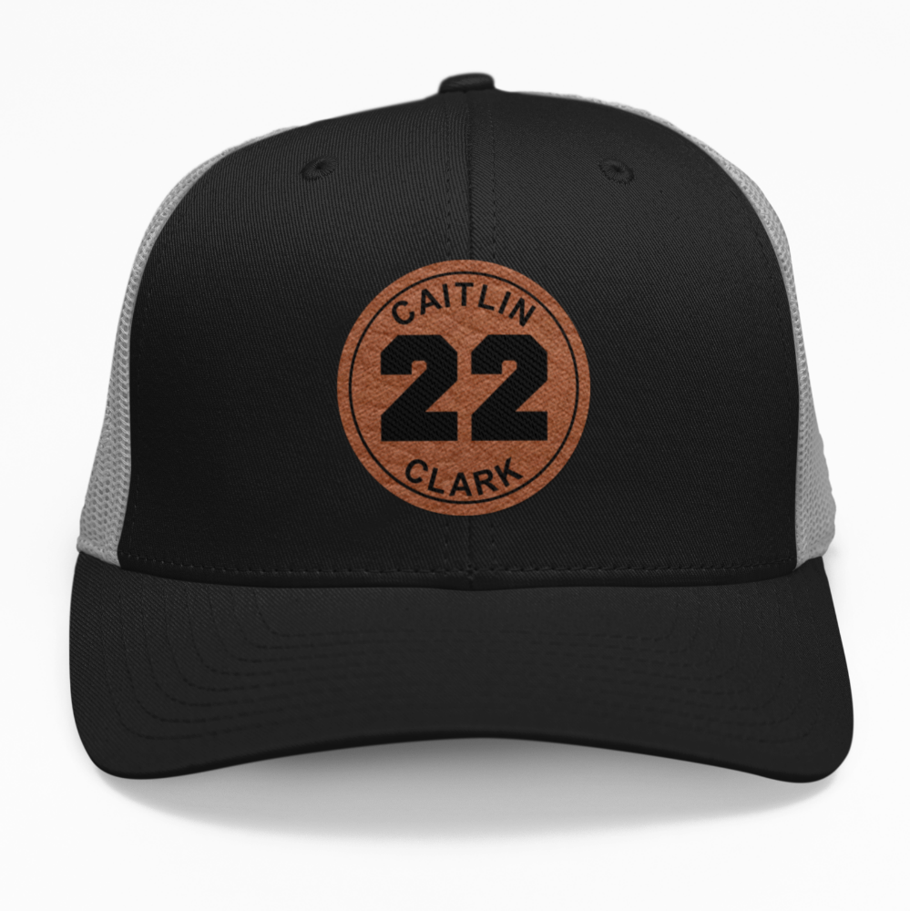 Preview of the 'Caitlin Clark #22' leatherette patch on a custom hat, perfect for fans of women's basketball.