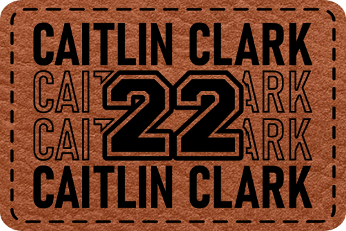 Close-up of the 'Caitlin Clark #22 Name Pattern' leatherette patch, featuring her name repeated with #22 in the center.