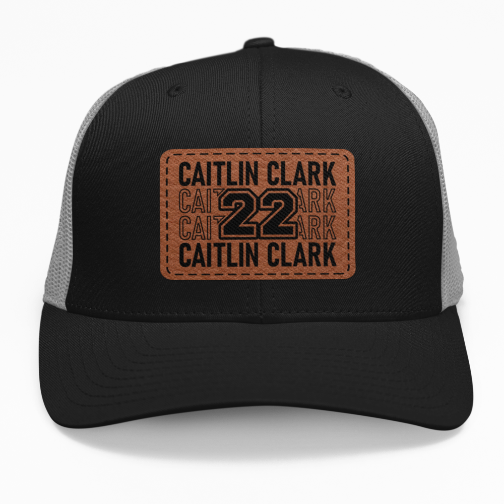 Preview of the 'Caitlin Clark #22 Name Pattern' leatherette patch on a custom snapback, ideal for fans of women's basketball.