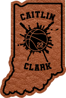 Close-up of the Indiana State leatherette patch with a basketball splash design and Caitlin Clark’s name, perfect for basketball fans.