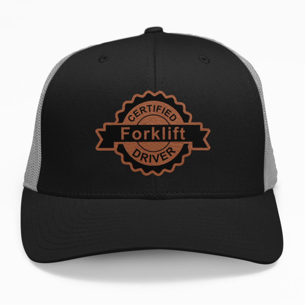 Preview of the Certified Forklift Driver leatherette patch on a custom hat, available in snapback, fitted, or ponytail styles.