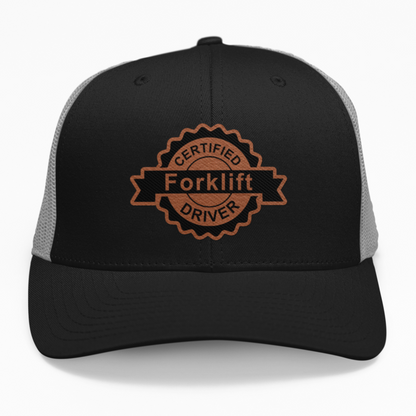 Preview of the Certified Forklift Driver leatherette patch on a custom hat, available in snapback, fitted, or ponytail styles.