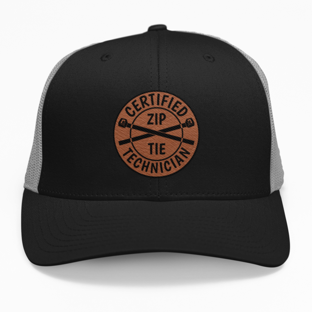 Preview of the Certified Zip Tie Technician leatherette patch on a custom hat, available in snapback, fitted, or ponytail styles.