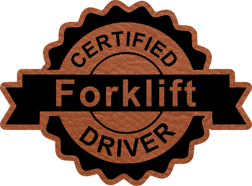 Close-up of the Certified Forklift Driver leatherette patch, perfect for showing off forklift driving skills with a humorous twist.