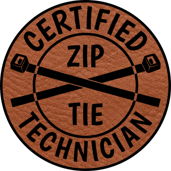 Close-up of the Certified Zip Tie Technician leatherette patch, perfect for showing off your handy problem-solving skills.