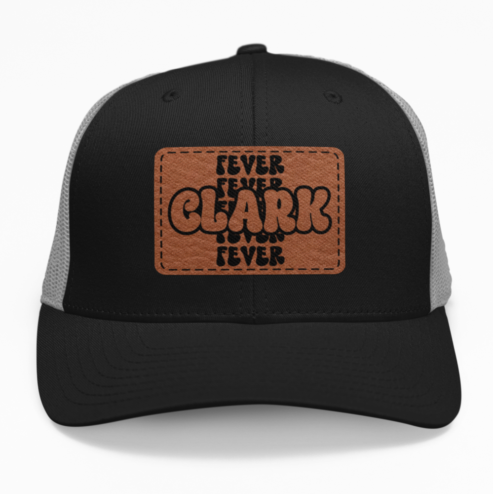 Preview of the Clark Fever Retro Hat leatherette patch on a custom hat, available in snapback, fitted, or ponytail styles.