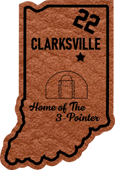 Close-up of the Clarksville Home of the 3 Pointer leatherette patch featuring the Indiana state outline and a basketball court graphic.