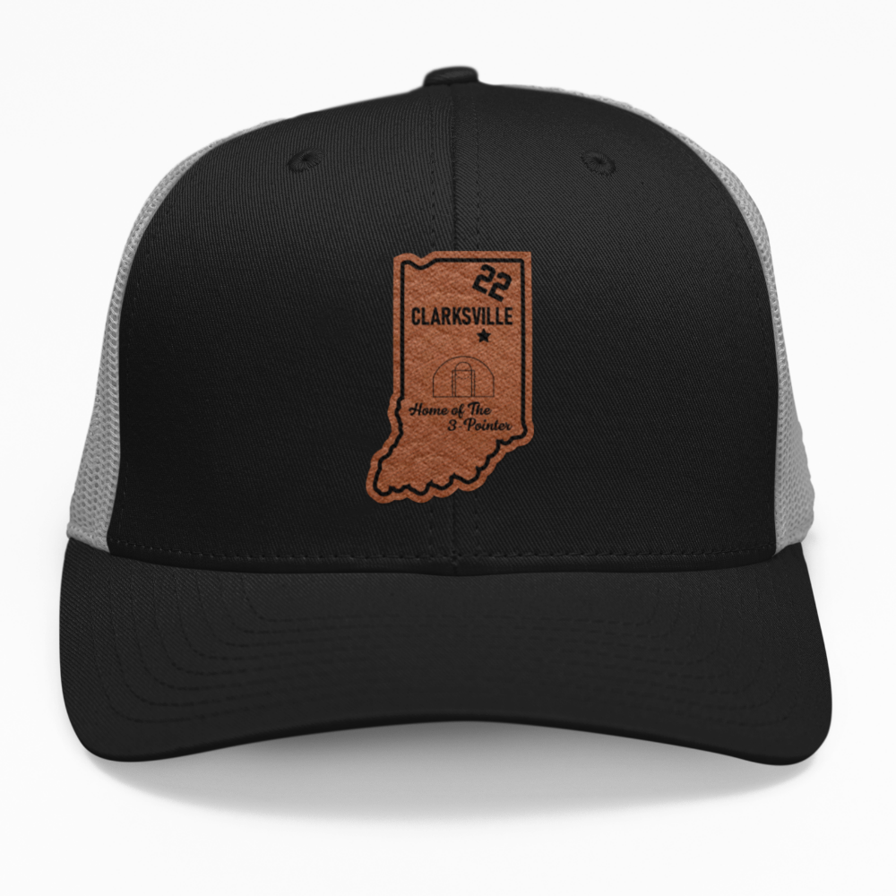 Preview of the Clarksville Home of the 3 Pointer leatherette patch on a custom hat, available in snapback, fitted, or ponytail styles.