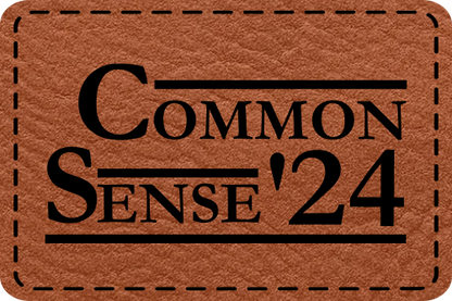 Close-up of the Common Sense '24 leatherette patch with a presidential campaign style design, perfect for political enthusiasts.