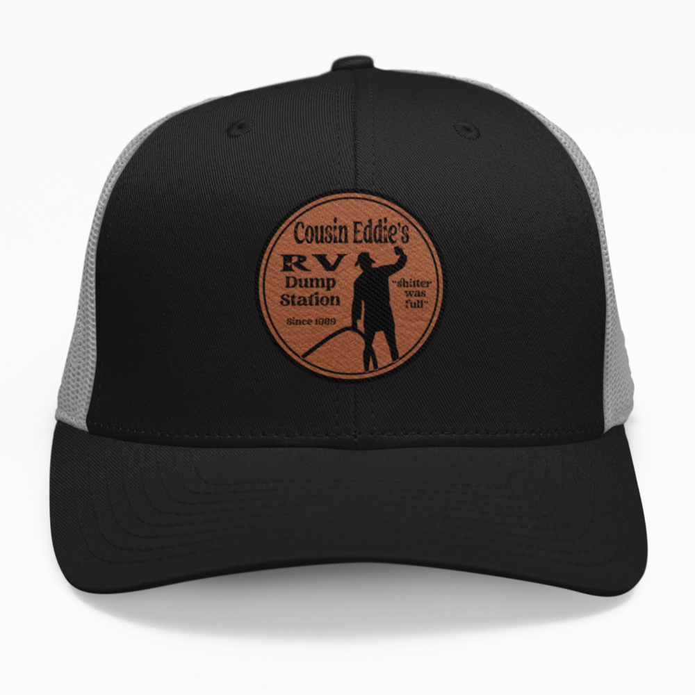 Preview of the "Cousin Eddie's RV Dump Station" patch on a custom hat.