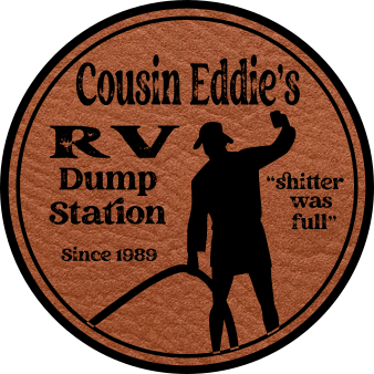 Close-up of the "Cousin Eddie's RV Dump Station" leatherette patch, featuring a fun holiday-themed design.